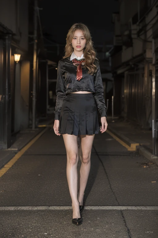 Tokyo，Dark alley at night，tense atmosphere，， (original photography:1.3), (best quality), (Extremely detailed),(Messy hair),(Inspired by the 007 movie)，(Real stills:1.3)，Full body portrait，007 Style，Female Agent，blond hair，long golden curly hair，Very detailed face，school uniform，long legs，ribbon on thigh，Long range shooting，Long distance shooting