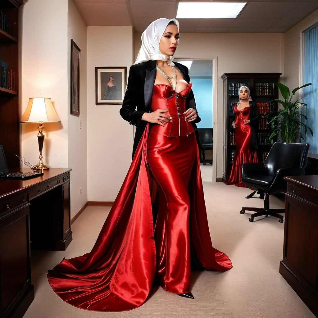 A woman secretary in the translucent red night gown, half naked,nipple on with nipple pearching, wear corset with bra expose, neck strap,wearing blazer,wearing satin hijab, full body,mermaid tight long gown, flowy dramatic long gown,very long flor length gown, in office room, strugle to walk
 sexy face, sexy pose, wear high heels, masterpice, hyper realistic