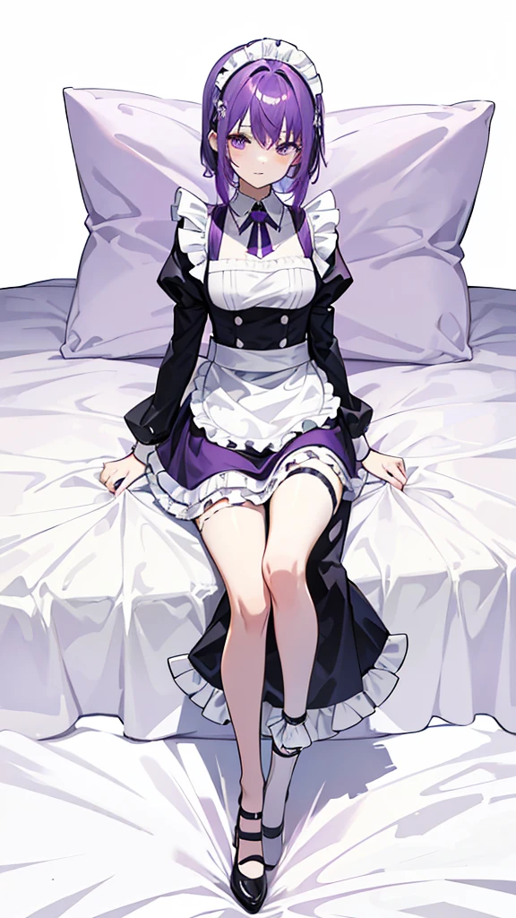 Purple-haired woman in maid costume lying on bed