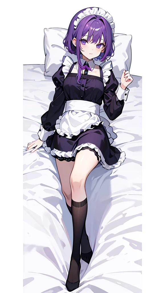 Purple-haired woman in maid costume lying on bed