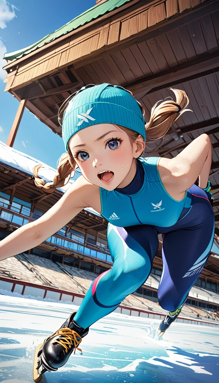 Highest quality、High resolution、Detailed Background、(Beautiful face in every detail:1.4)、Anatomically correct、(Detailed facial expressions)、(fine grain:1.2), (shoot from below:1.5), Teenage Beauty、Cute hair color、Braided Ponytail、Braided bob cut、Braided twin tails、Lower grade primary school students, Speed skater, Beautiful forward leaning form, (one piece、turtleneck、No sleeve:1.5、Full Body Tights、Old-fashioned, plain skates)、Perfect body line、 (Desperately slipping away on the ice:1.5、Sprinting:1.5)、(I have tears in my eyes:1.5、Screaming and looking like she's about to cry)、Extreme Speed、in the forest、lake、Flowing Scenery