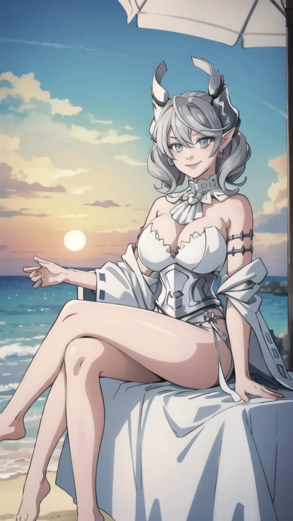 Beautiful arts wallpaper Sunset Outside castle top High level image quality best image quality 8K adult woman silver castle outside more colors whole body view portrait wearing pure white pirate dress horn ears short hair((shortcut)(gray hair)(perm)(fluffy)) eye color is blue , , attractive evil face , smile , beach , labrynth , barefoot , teasing with her breast, , sitting with crossed legs , waves