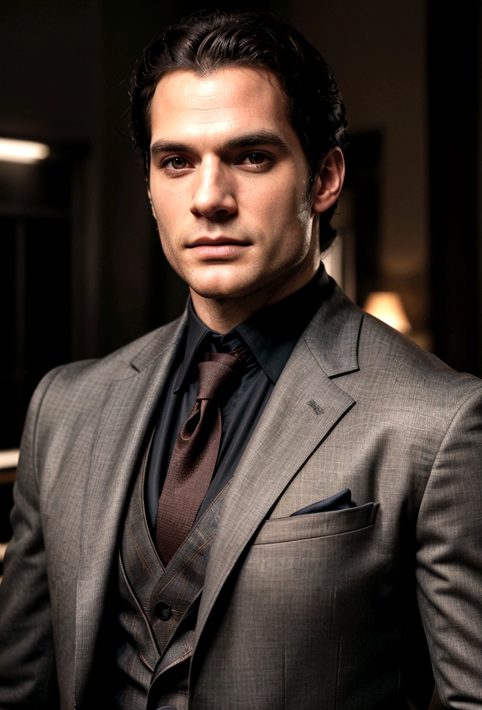 a handsome man henry cavill in a well-tailored suit,high quality portrait, realistic photographic, close-up mid shot, sharp focus, studio lighting, premium quality, cinematic, intricate details, hyper realistic, chiaroscuro lighting, dramatic shadows, warm color tones