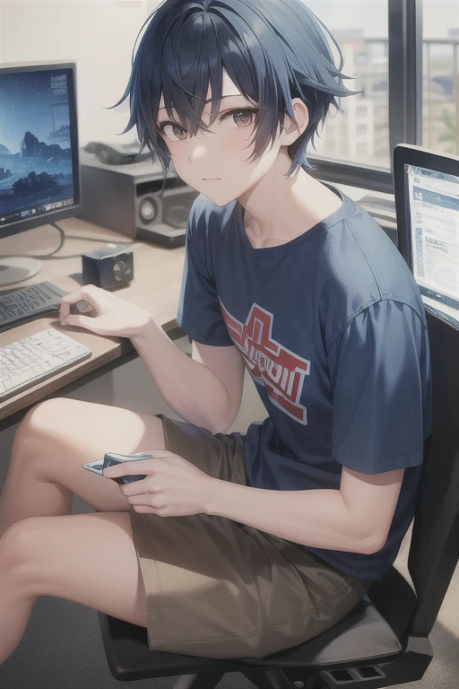 (Best quality: 1.0), (Super High Resolution: 1.0), Anime boy, short blue hair, brown eyes, sitting in front of computer playing games, background in esports room,