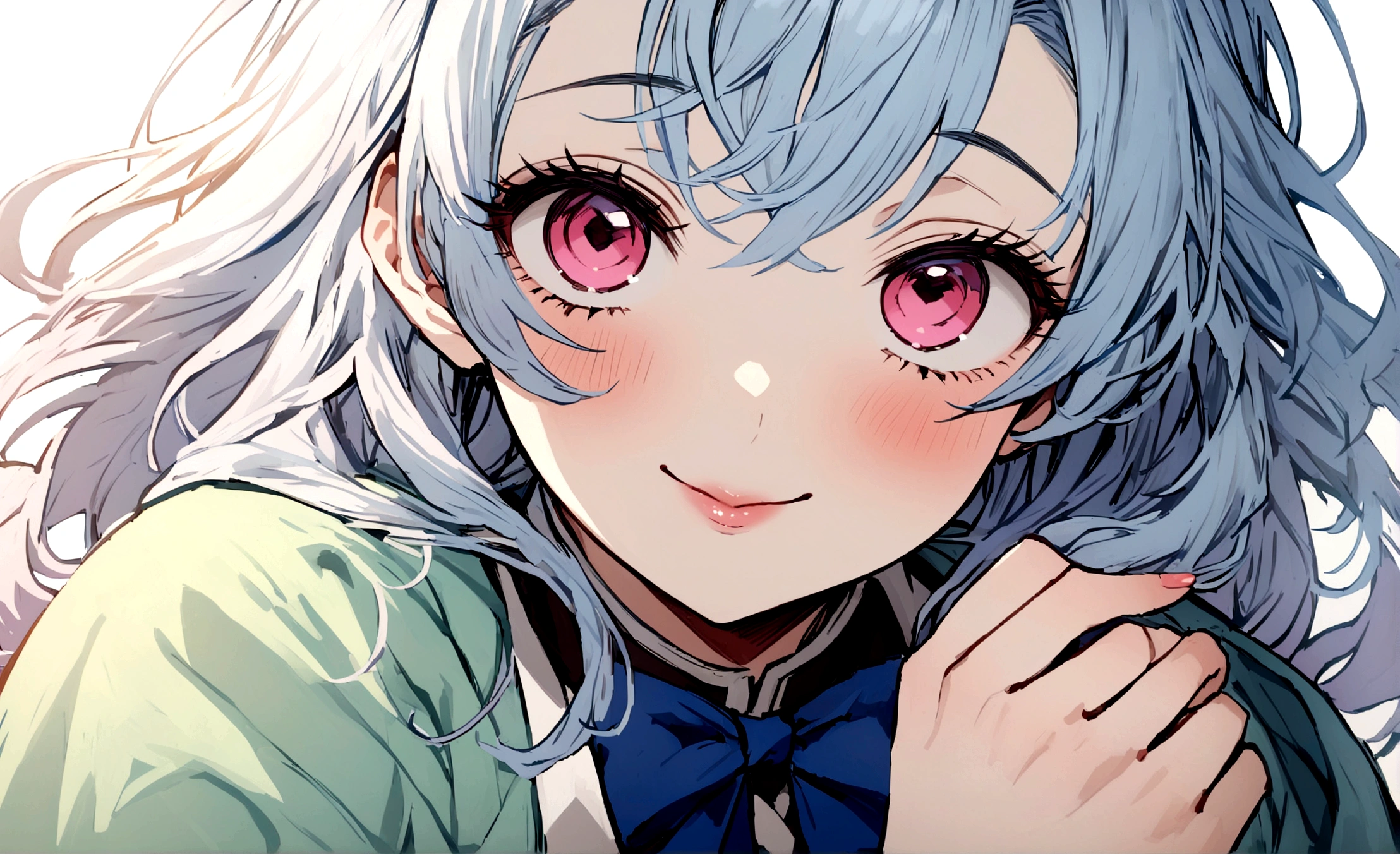 Masterpiece, Best quality, 1 girl、Kimetsu no Yaiba style、hashira blue uniform、wearing haori、light blue hair、long hair、light blue hair、smile、cute、pink eyes、pink eyes、 beautiful、lips, bow, half-tied hair、 close-up,