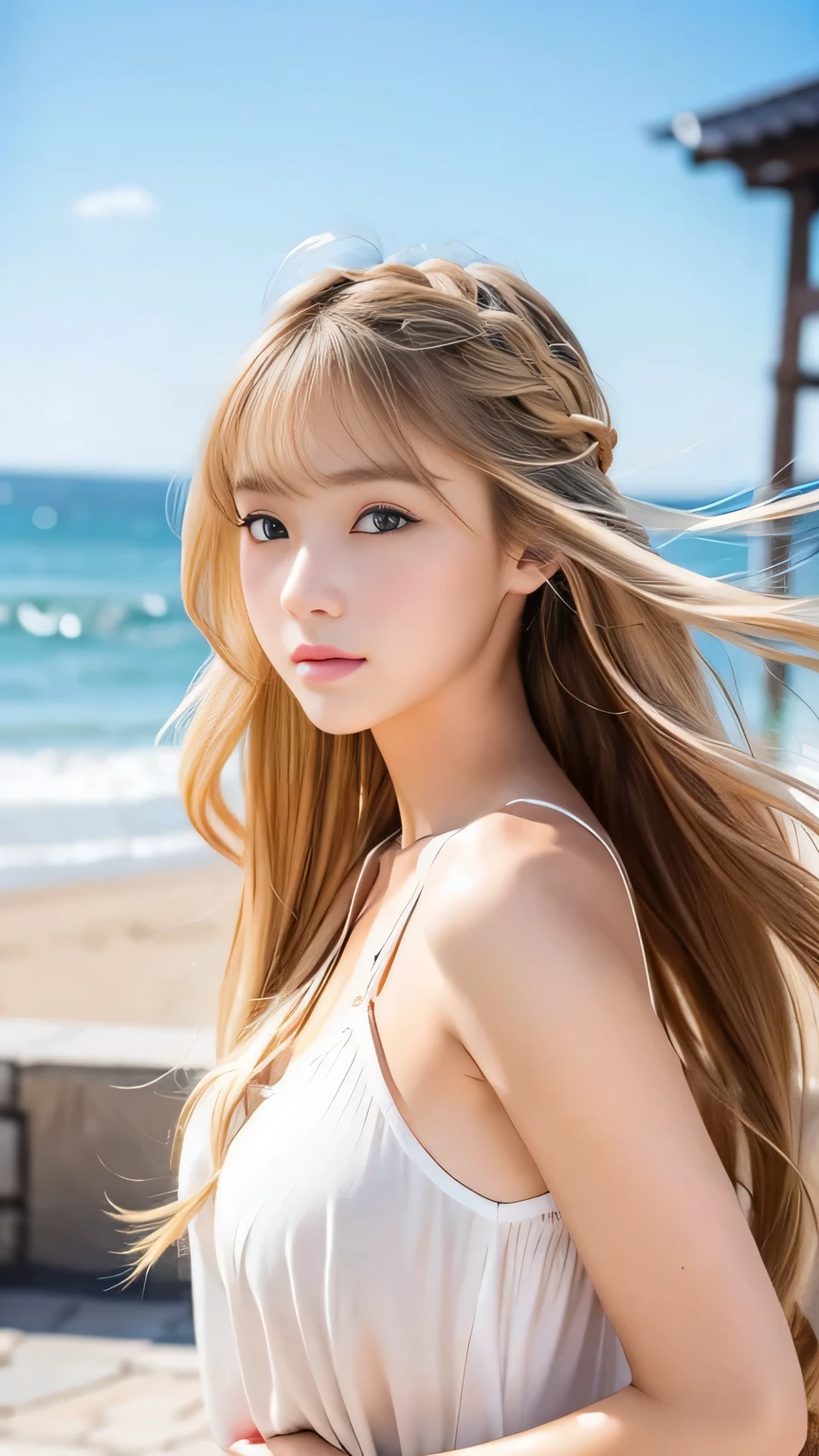 Sexy Big 、Sexy cute looks and cute 15 year old beautiful girl, beautiful and sexy face、A strong wind blows my hair in front of my face、beautiful long blonde French braided hair、beautiful, Cute and sexy eyes hidden behind long bangs
