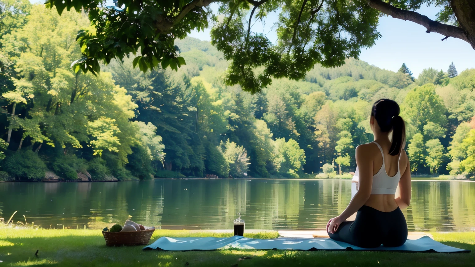 ((Highest quality)), ((masterpiece)), (detailed), A serene and peaceful outdoor scene featuring a woman practicing yoga by a calm lake. She is sitting on a green yoga mat, wearing a white tank top and black leggings. The setting is a sunny day in a lush, green park with trees overhead, their leaves creating a dappled sunlight effect. The overall atmosphere should be tranquil and relaxing, emphasizing mindfulness and connection with nature.