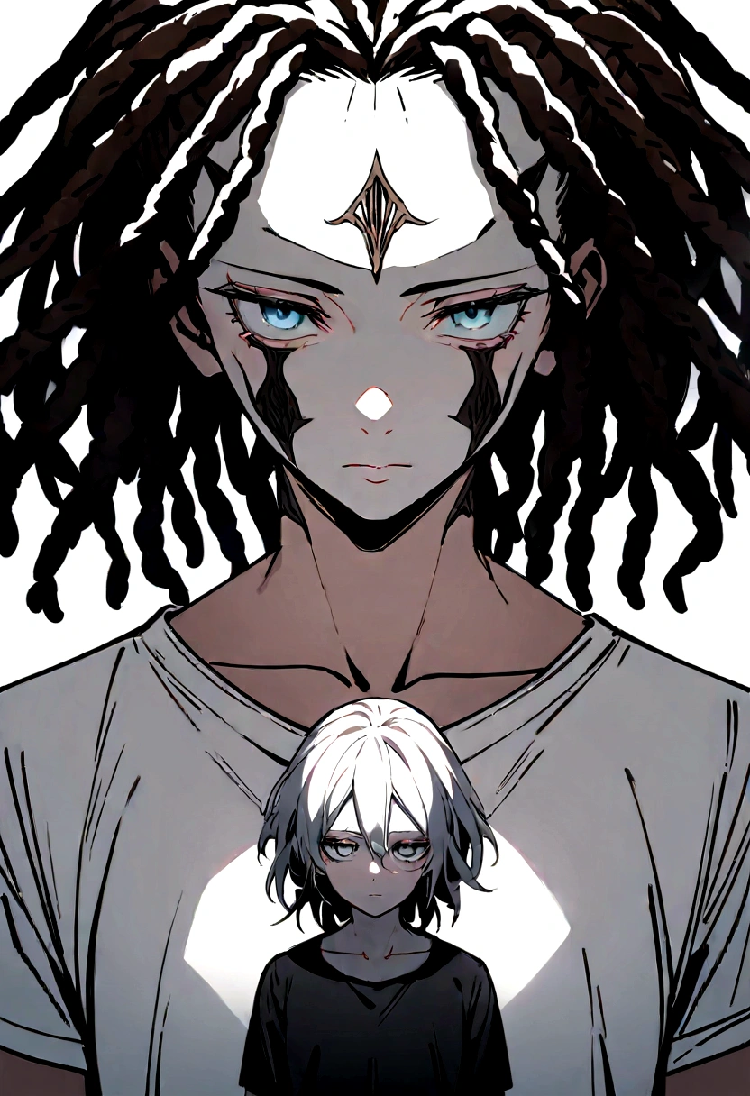 head of'artwork, best quality, ((pure white background)), debout, mec albinos mince, white dreadlocks hair, cils blancs, sourcils blancs, cold face, peau claire, T-shirt noir, expression du visage triste, light effect, gentle, super clair, high definition image, (front)