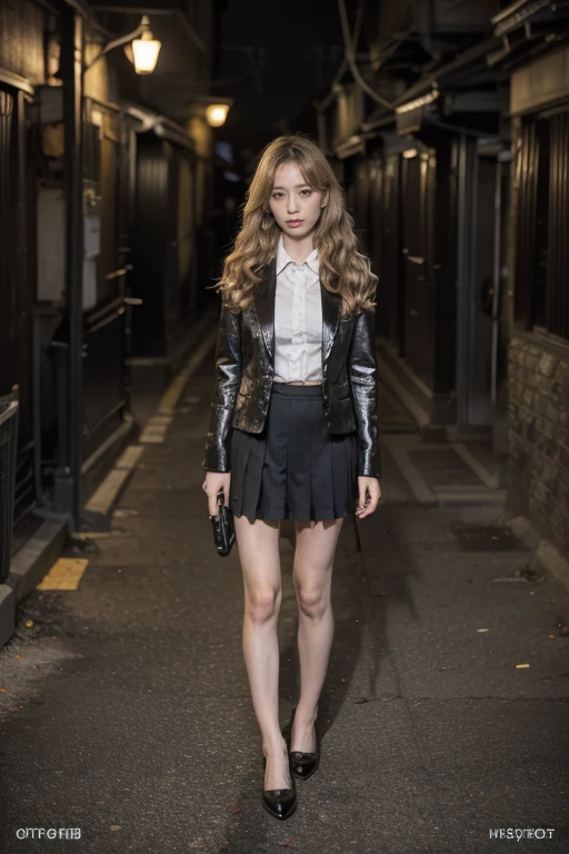 Tokyo，Dark alley at night，tense atmosphere，， (original photography:1.3), (best quality), (Extremely detailed),(Messy hair),(Inspired by the 007 movie)，(Real stills:1.3)，Full body portrait，007 Style，Delinquent Girl，blond hair，long golden curly hair，Very detailed face，school uniform，long legs，ribbon on thigh，Long range shooting，Long distance shooting