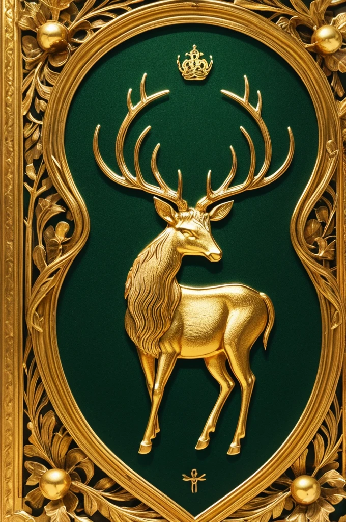 A luminous golden deer stands as the central figure in a clan logo, set against a verdant green background and accompanied by the text "The Last Human" below. This emblem represents the paramount alliance of the clan. The majestic deer shines with a radiant golden hue, its antlers branching gracefully towards the sky. The intricate details of the logo suggest a painting of exquisite quality, with the colors rich and vibrant and the overall composition striking and impactful. This emblem exudes a sense of grandeur and power, capturing the essence of unity and strength within the clan it represents.