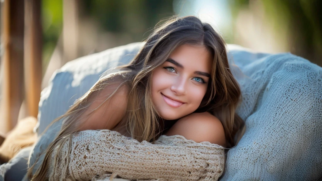 With a shy smile on her delicate face, a young, attractive woman with flowing blond hair exudes warmth. As you gaze at her, you'll notice those lips inviting you to kiss. They form a gentle arch on the canvas of her face, seeming pleasantly warm, as if always ready for a tender embrace or an emotionally charged kiss. Observing her, you can see how she plays with the light. The warmth of the falling sun emphasizes the subtle features of her face, making her even more dazzling. This young woman, illuminated by sunlight, is like a painting that captures attention, and her presence makes you want to freeze time to savor the moment shimmering with the fullness of life. ultra high res.photorealistic:.1.4, UDH