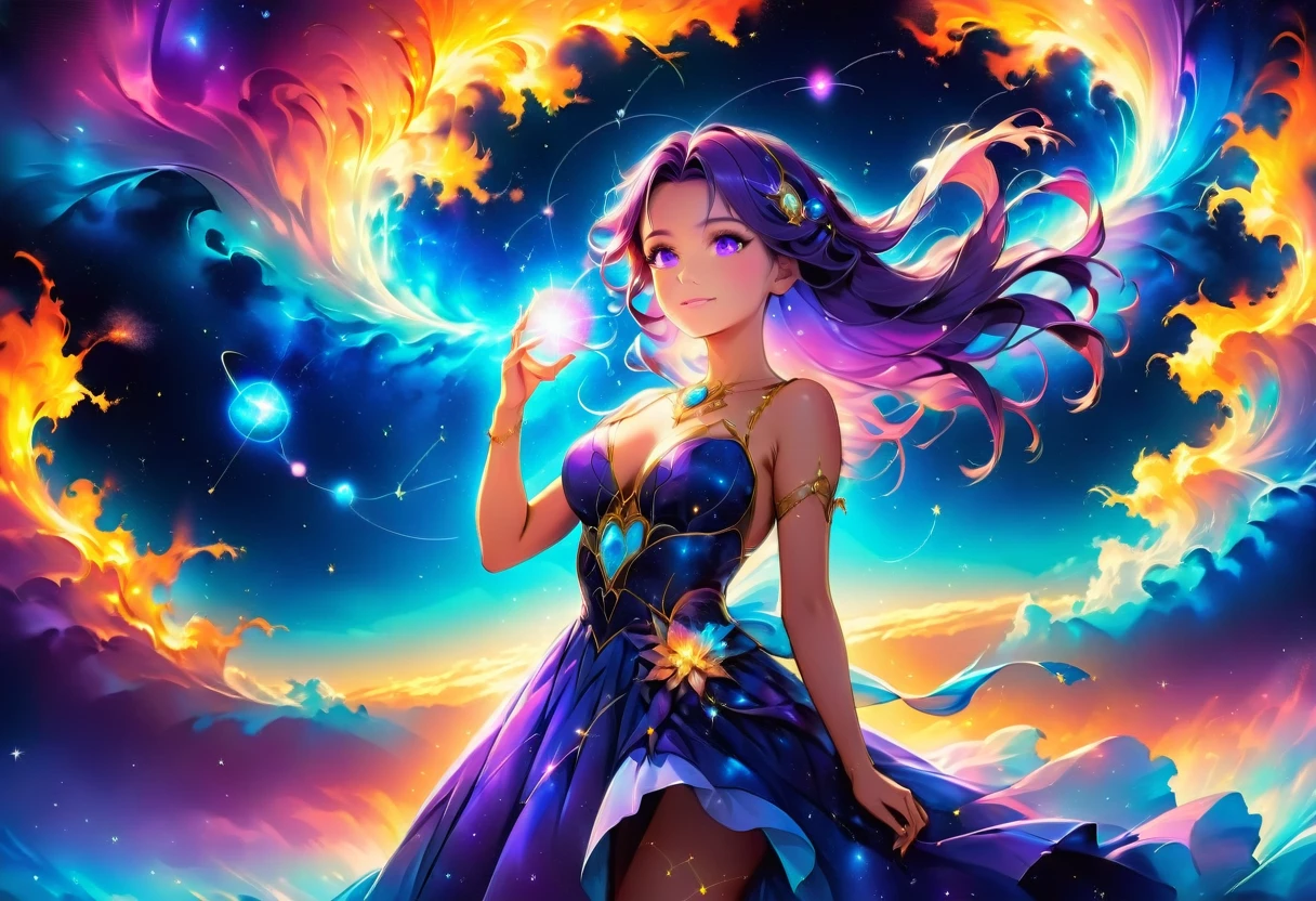 a portrait of the ((libra constellation: 1.3)) in the night sky seen by an astrologer looking at , an extraordinary beautiful woman, there is magic in her eyes divining the future from the Libra constellation, dynamic hair color, dynamic hair style, wearing an intricate lavender dress decorated with glowing stars, she looks to the night sky seeing the ((Libra constellation in the sky: 1.5)), vibrant, Ultra-high resolution, High Contrast, (masterpiece:1.5), highest quality, Best aesthetics), best details, best quality, highres, 16k, [ultra detailed], masterpiece, best quality, (extremely detailed), Cinematic Hollywood Film, magical sky, Cinematic Hollywood Film, magical sky, FireMagicAI, 