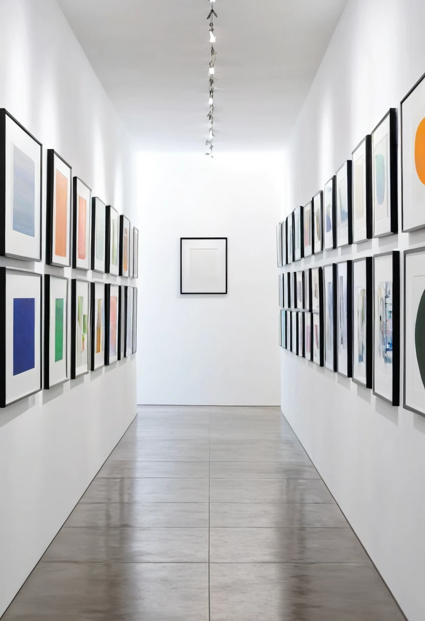 white wall of a modern art gallery with symmetrically arranged abstract paintings