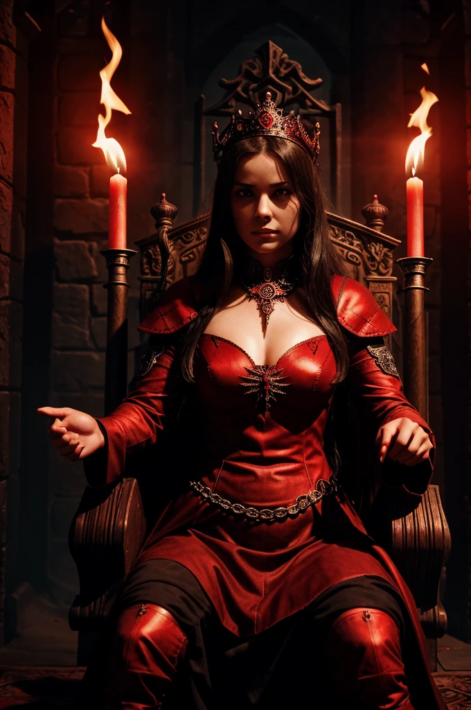 She has immense powers and she's sitting on a throne. Blood and red lights with fire. It's a medieval book so the fonts should look like that.
The name of the book is "The Cursed: A Tale of Love and Tempest"