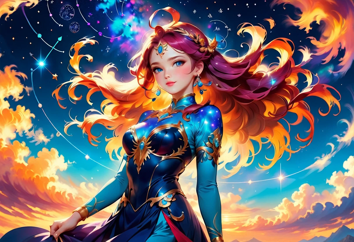 a portrait of the ((libra constellation: 1.3)) in the night sky seen by an astrologer looking at , an extraordinary beautiful woman, there is magic in her eyes divining the future from the Libra constellation, dynamic hair color, dynamic hair style, wearing an intricate purple dress decorated with glowing stars, she looks to the night sky seeing the ((Libra constellation in the sky: 1.5)), vibrant, Ultra-high resolution, High Contrast, (masterpiece:1.5), highest quality, Best aesthetics), best details, best quality, highres, 16k, [ultra detailed], masterpiece, best quality, (extremely detailed), Cinematic Hollywood Film, magical sky, Cinematic Hollywood Film, magical sky, FireMagicAI, 