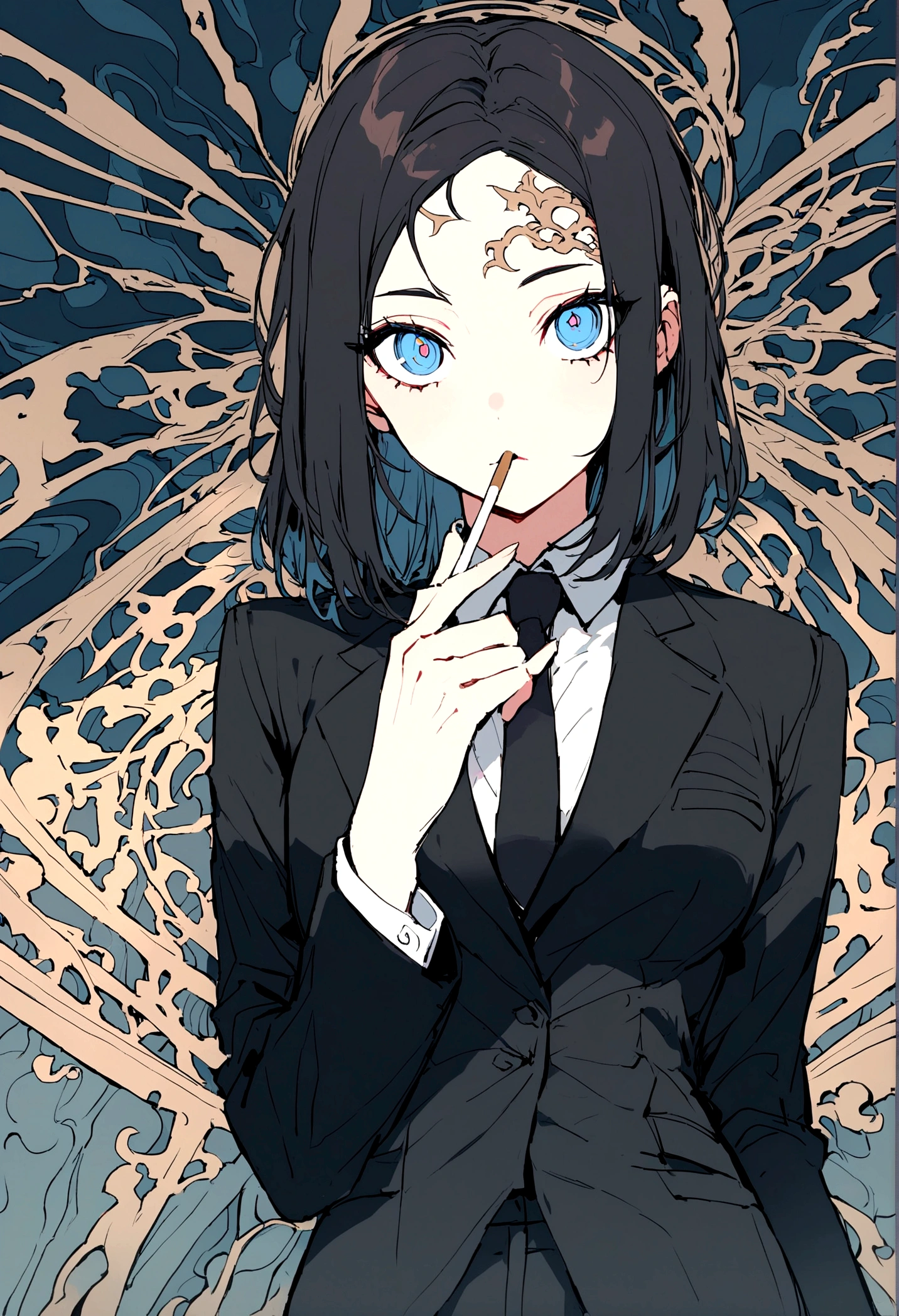 a woman in a suit, looking down at viewer with sharp eyes, she holds the cigarette with one hand, beautiful, blue eyes and short, black hair, hair bangs on the forehead, front view
