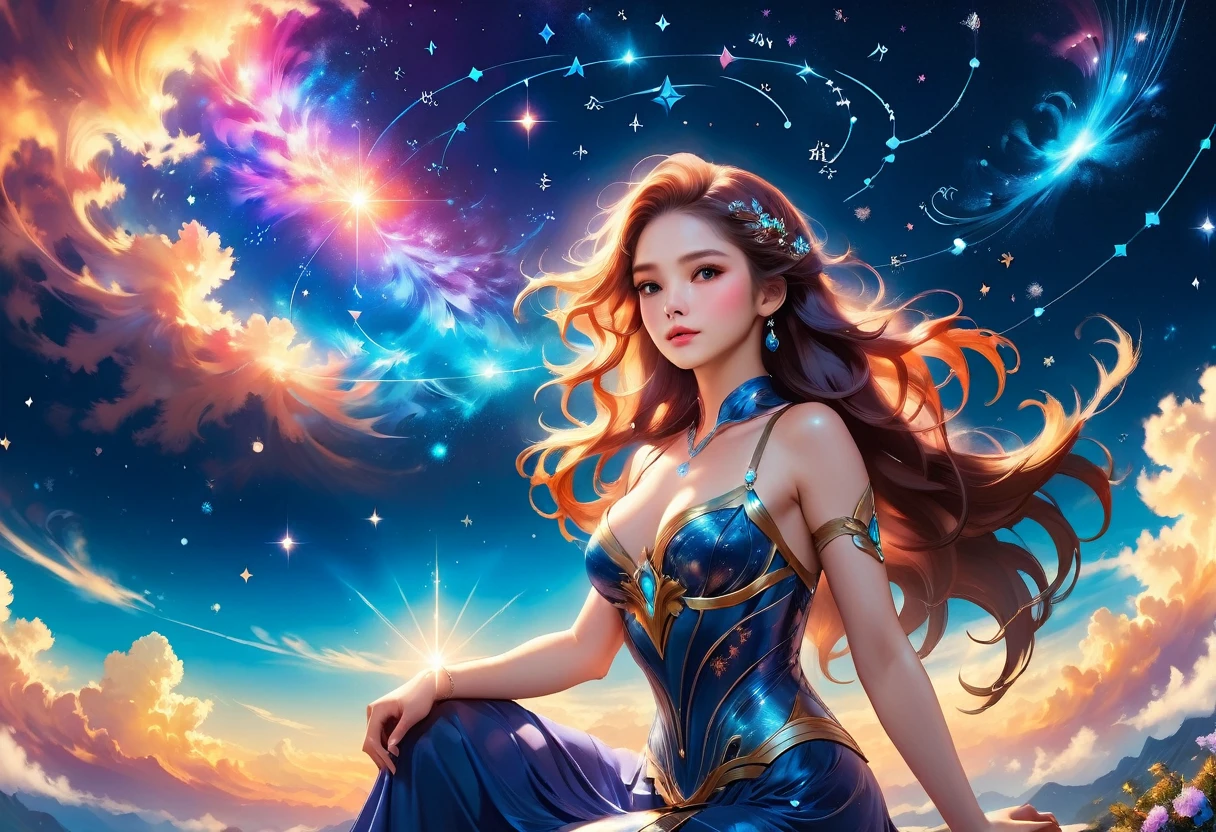 a portrait of the ((libra constellation: 1.3)) in the night sky seen by an astrologer looking at , an extraordinary beautiful woman, there is magic in her eyes divining the future from the Libra constellation, dynamic hair color, dynamic hair style, wearing an intricate lavender dress decorated with glowing stars, she looks to the night sky seeing the ((Libra constellation in the sky: 1.5)), vibrant, Ultra-high resolution, High Contrast, (masterpiece:1.5), highest quality, Best aesthetics), best details, best quality, highres, 16k, [ultra detailed], masterpiece, best quality, (extremely detailed), Cinematic Hollywood Film, magical sky, Cinematic Hollywood Film, magical sky, FireMagicAI, 