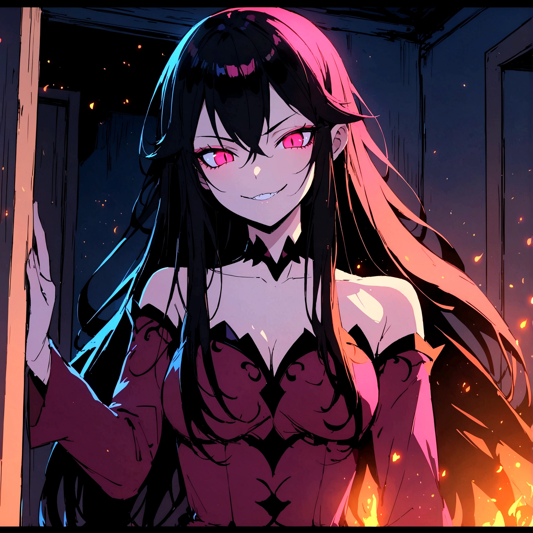 anime beautiful demon women, shark teeth, long hair, night, standing in the corner of someone's room, eyes like embers, wicked smile, detailes, 4k, dark
