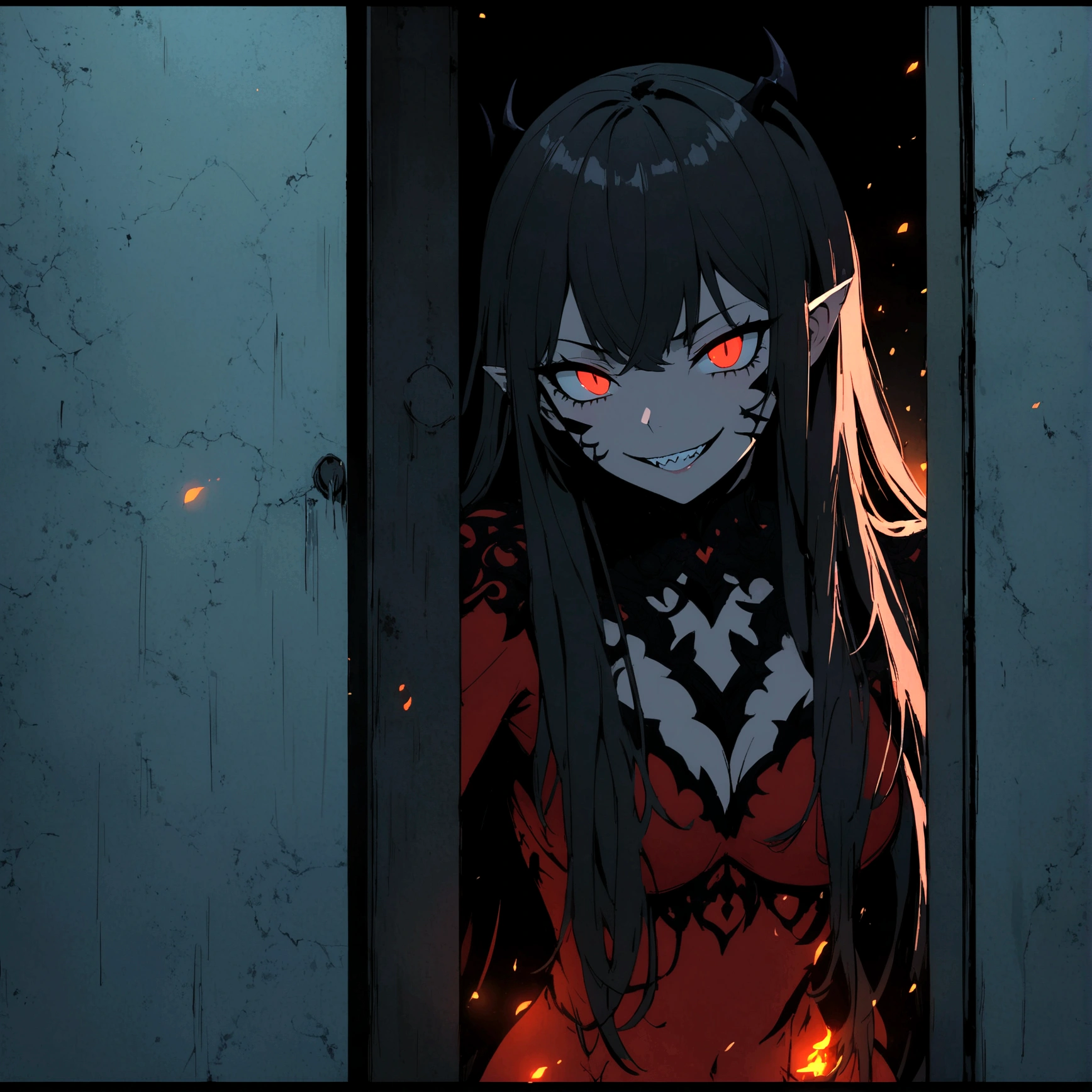 anime beautiful demon women, shark teeth, long hair, night, standing in the corner of someone's room, eyes like embers, wicked smile, detailes, 4k, dark