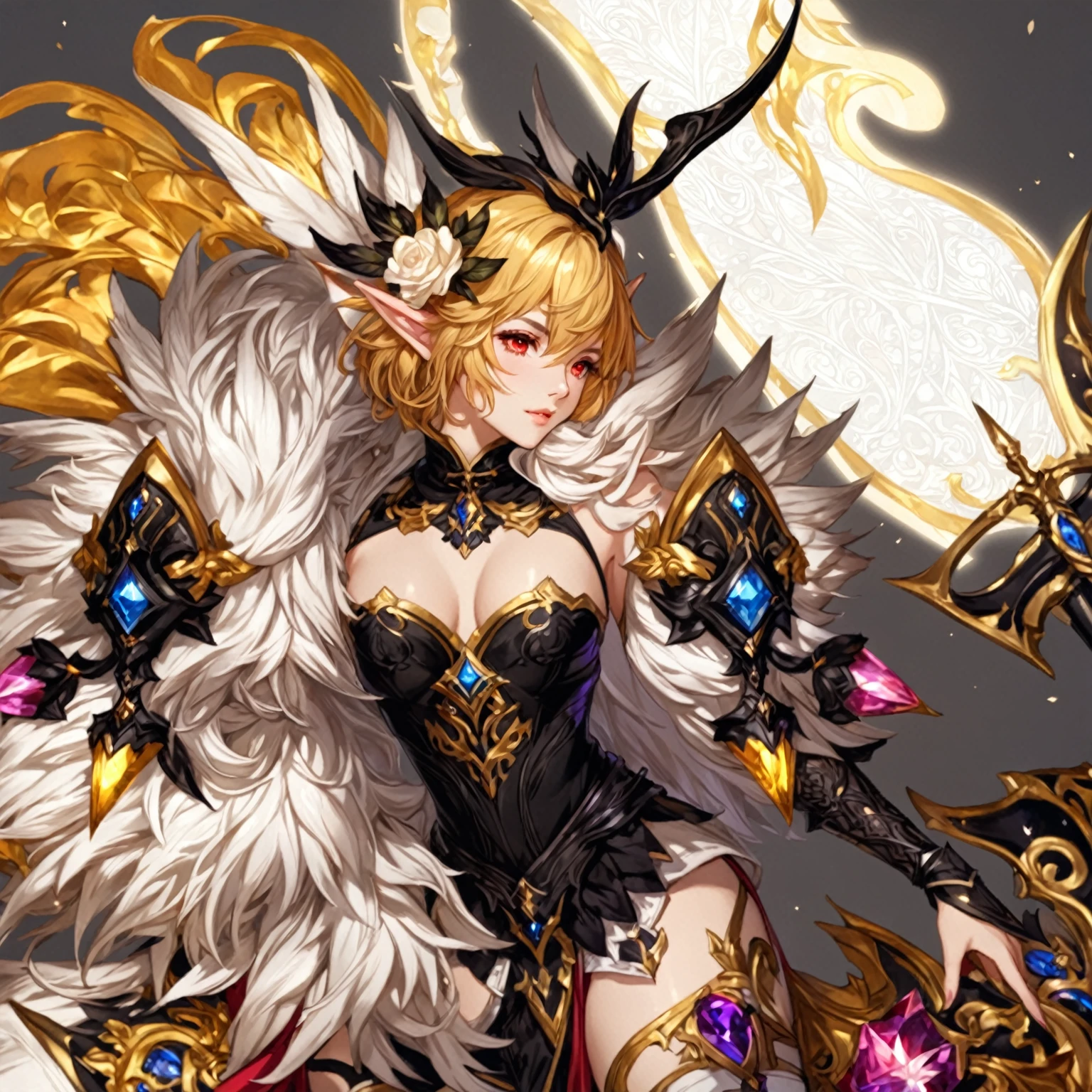 masterpiece, best quality, 1 girl, female focus, solo, Fantasy aesthetics, Highly detailed, shadowverse style. female, elf, silver hair, red eyes, short hair