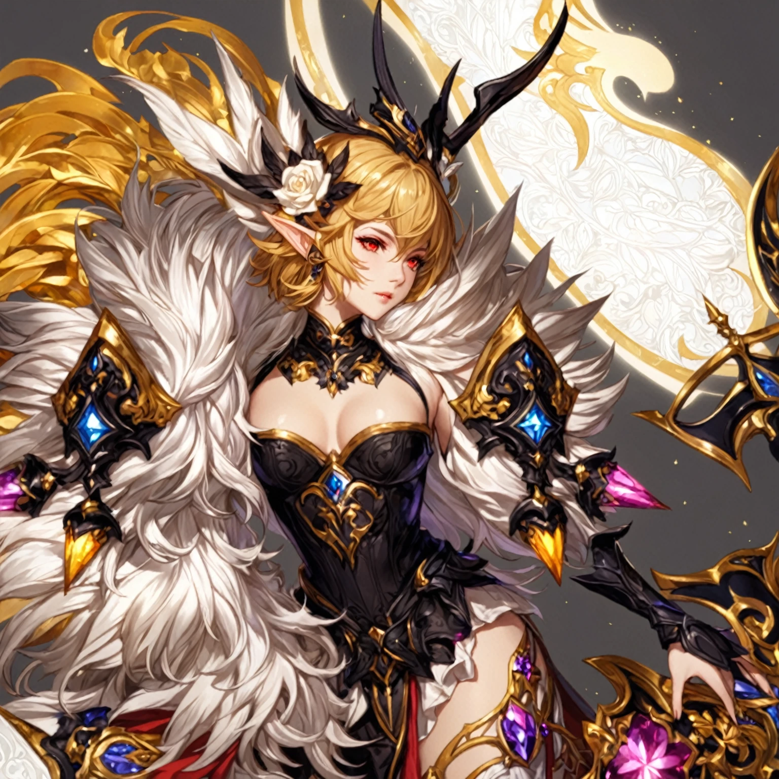 masterpiece, best quality, 1 girl, female focus, solo, Fantasy aesthetics, Highly detailed, shadowverse style. female, elf, silver hair, red eyes, short hair