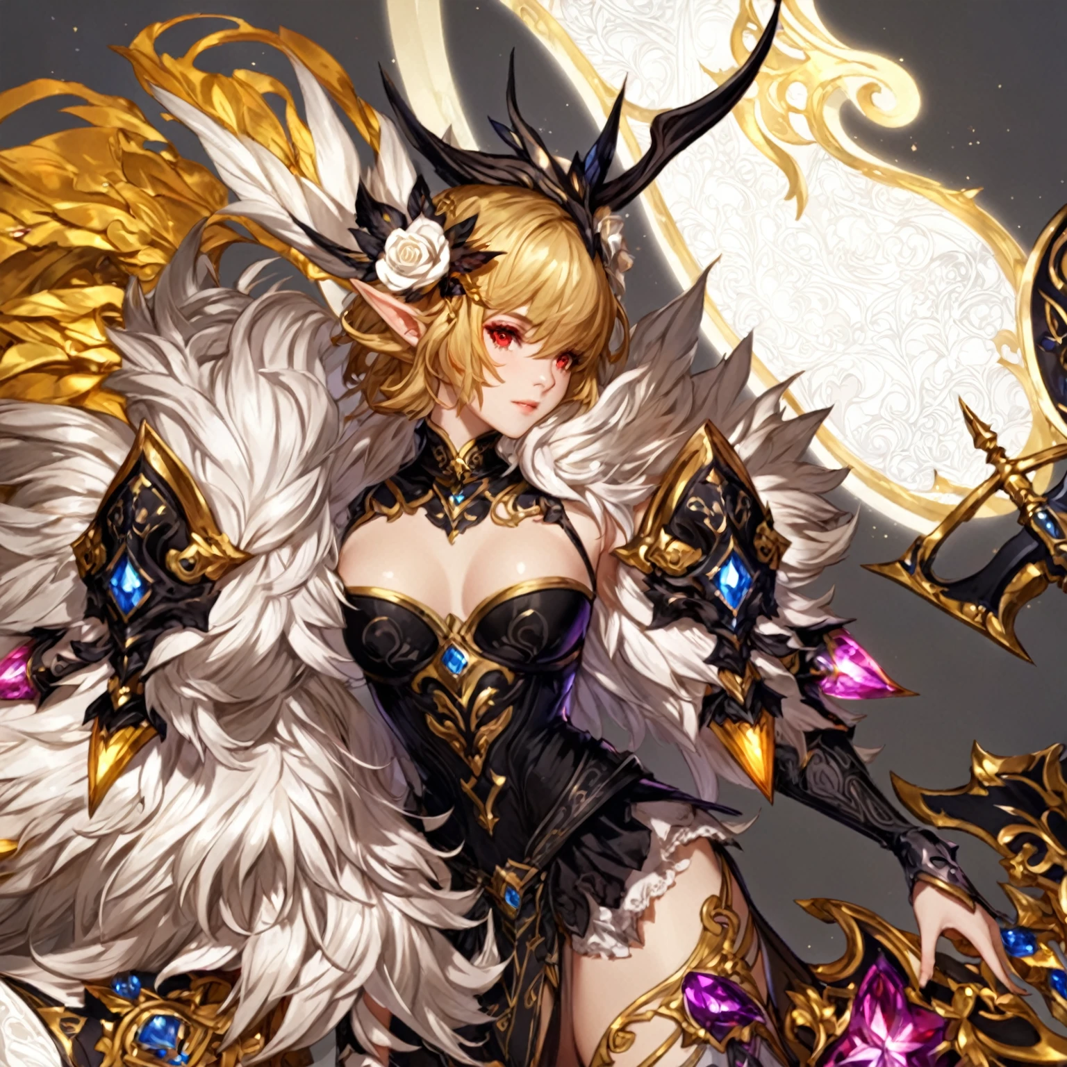 masterpiece, best quality, 1 girl, female focus, solo, Fantasy aesthetics, Highly detailed, shadowverse style. female, elf, silver hair, red eyes, short hair