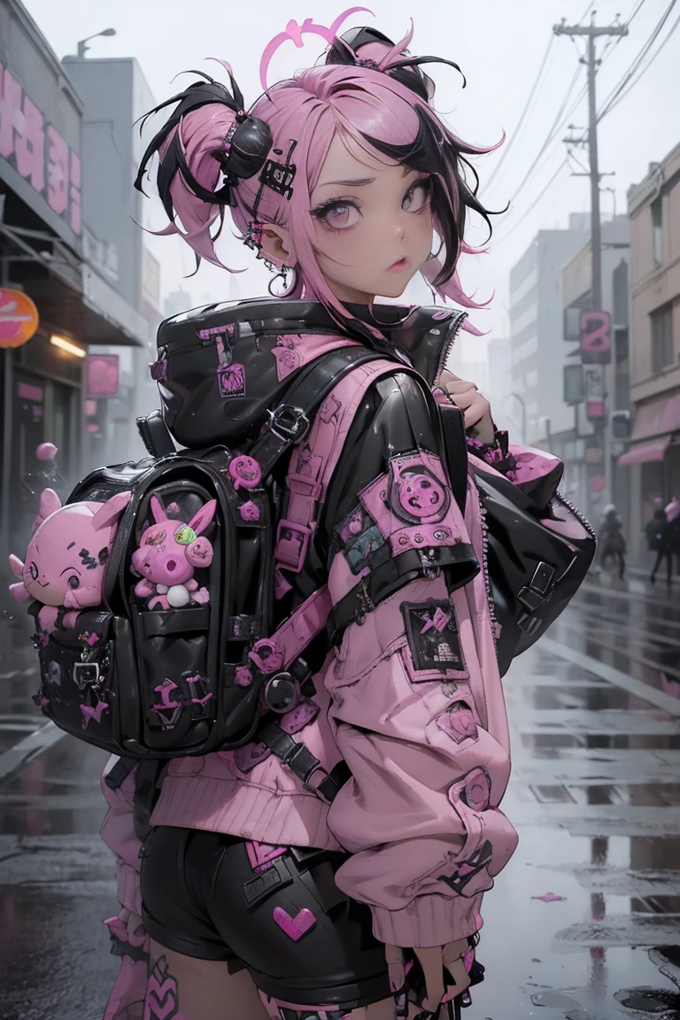 (highest quality、8k、32K、masterpiece、nffsw:1.3)、(Photoreal:1.4),(shoot from front,looking at viewer:1.5)、18-year-old punk girl,eccentric punk hair,((pink and black punk fashion:1.5)),clothes with studs、(1 holding a stuffed crazy bunny in his left hand.5)、black backpack on the back、(bright black and pink hair:1.5),Wacky makeup、、dark background、Desolate city in the rain、puddle on the road、(cinematic lighting)、Depth of the bounds written,blurred background、