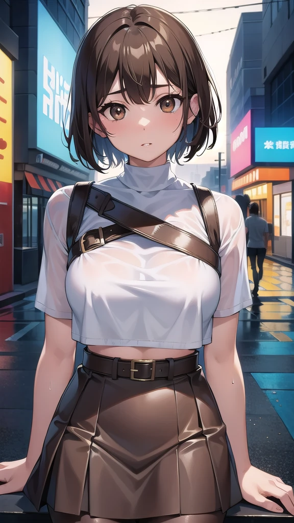 nobarakugisaki, nobara kugisaki, bob cut, (brown eyes:1.7), brown hair, lips, short hair, BREAK belt, brown belt, brown pantyhose,white crop top, crop top overhang,wet crop top,pantyhose, pleated skirt, shirt tucked in, skirt, blue skirt, blue crop top, BREAK looking at viewer,festival, BREAK (masterpiece:1.2), best quality, high resolution, unity 8k wallpaper, (illustration:0.8), (beautiful detailed eyes:1.6), extremely detailed face, perfect lighting, extremely detailed CG, (perfect hands, perfect anatomy),street,night,wet road, from above,bend over,on knees,nipples.