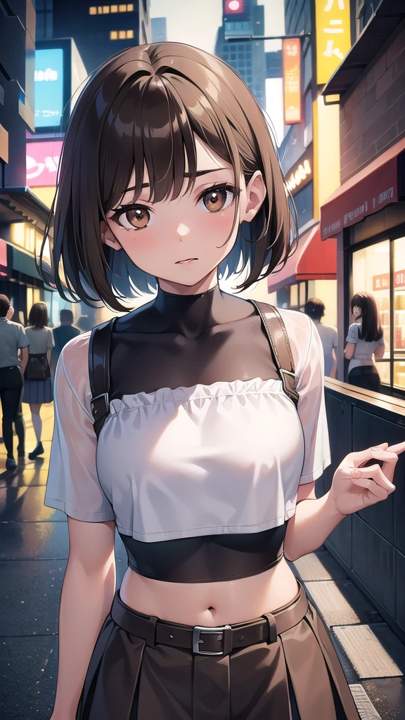 nobarakugisaki, nobara kugisaki, bob cut, (brown eyes:1.7), brown hair, lips, short hair,
BREAK belt, brown belt, brown pantyhose, crop top, crop top overhang,pantyhose, pleated skirt, shirt tucked in, skirt, blue skirt, white crop top,wet top,
BREAK looking at viewer,in street,night,neon lights,cyberpunk,wet road,reflections,
BREAK (masterpiece:1.2), best quality, high resolution, unity 8k wallpaper, (illustration:0.8), (beautiful detailed eyes:1.6), extremely detailed face, perfect lighting, extremely detailed CG, (perfect hands, perfect anatomy),upper body,from above,bend over