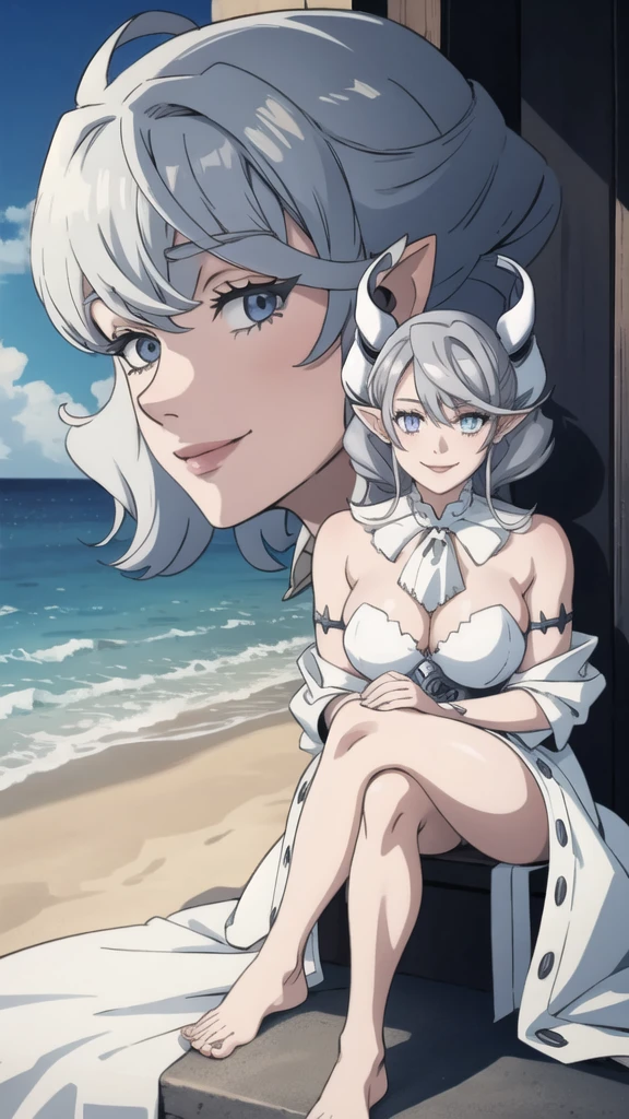 Beautiful arts wallpaper Sunset Outside castle top  High level image quality　best image quality　8K　 adult woman   silver castle outside  more colors   whole body view　portrait　 wearing pure white pirate dress  　horn    ears  　short hair（（shortcut）（gray hair）（perm）（fluffy））　eye color is blue ,  , 　attractive evil face , smile   ,  beach   ,  labrynth       , barefoot , teasing with her breast,   , sitting with crossed legs  , waves