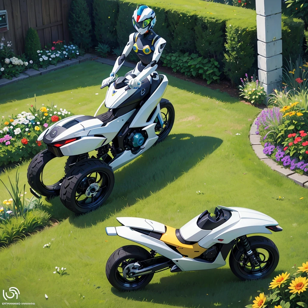 Create a stylized drawing with a funny robot representing an Automower using these texts: LET TECHNOLOGY TAKE CARE OF YOUR GARDEN, HUSQVARNA AUTOMOWER® , The solution for a perfect lawn, 24/7, 365 days a year, Since 1995, World leader, lawnmower, Autonomous Robot