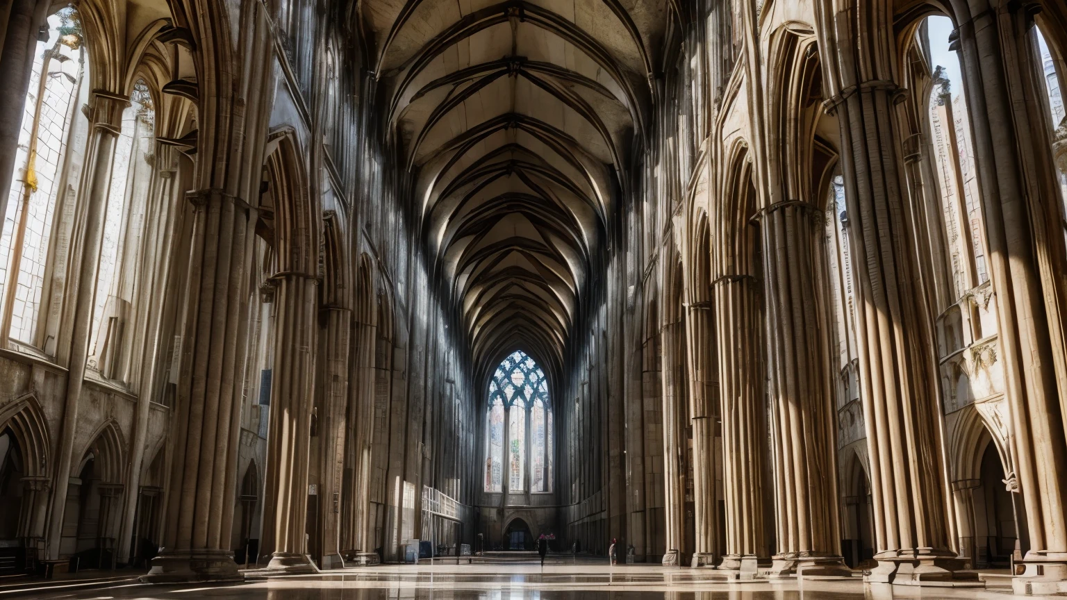 Ruins of a majestic gothic cathedral, with tall columns and pointed arches.