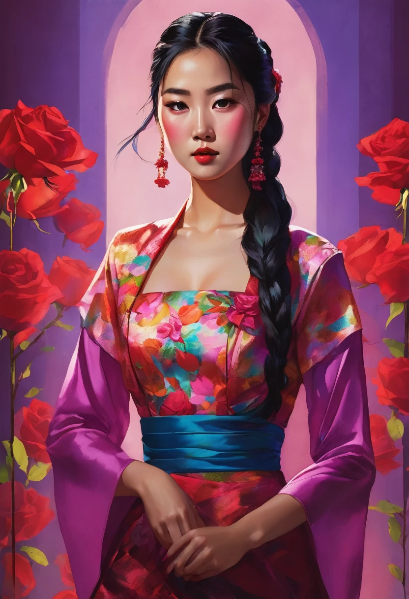 An Asian young woman in a dress of bright, multi-colored slit, depicted with a flirtatious expression on her face, holds a scarlet rose in her hands, the figure is turned slightly towards the right shoulder, at an angle of 20%, viewed from front to back. her hair is long and braided. Professional color correction with soft shadows, professional studio lighting.