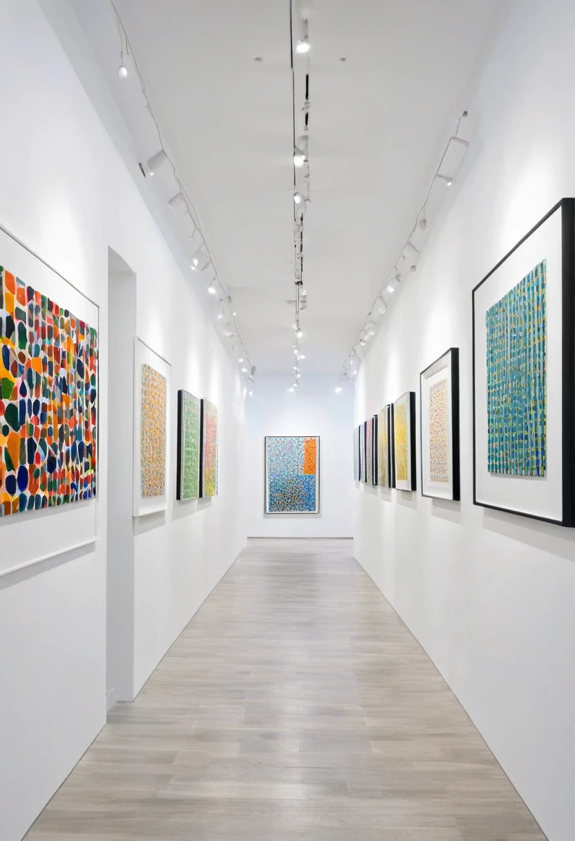 white wall of a modern art store with abstract symmetrically arranged paintings