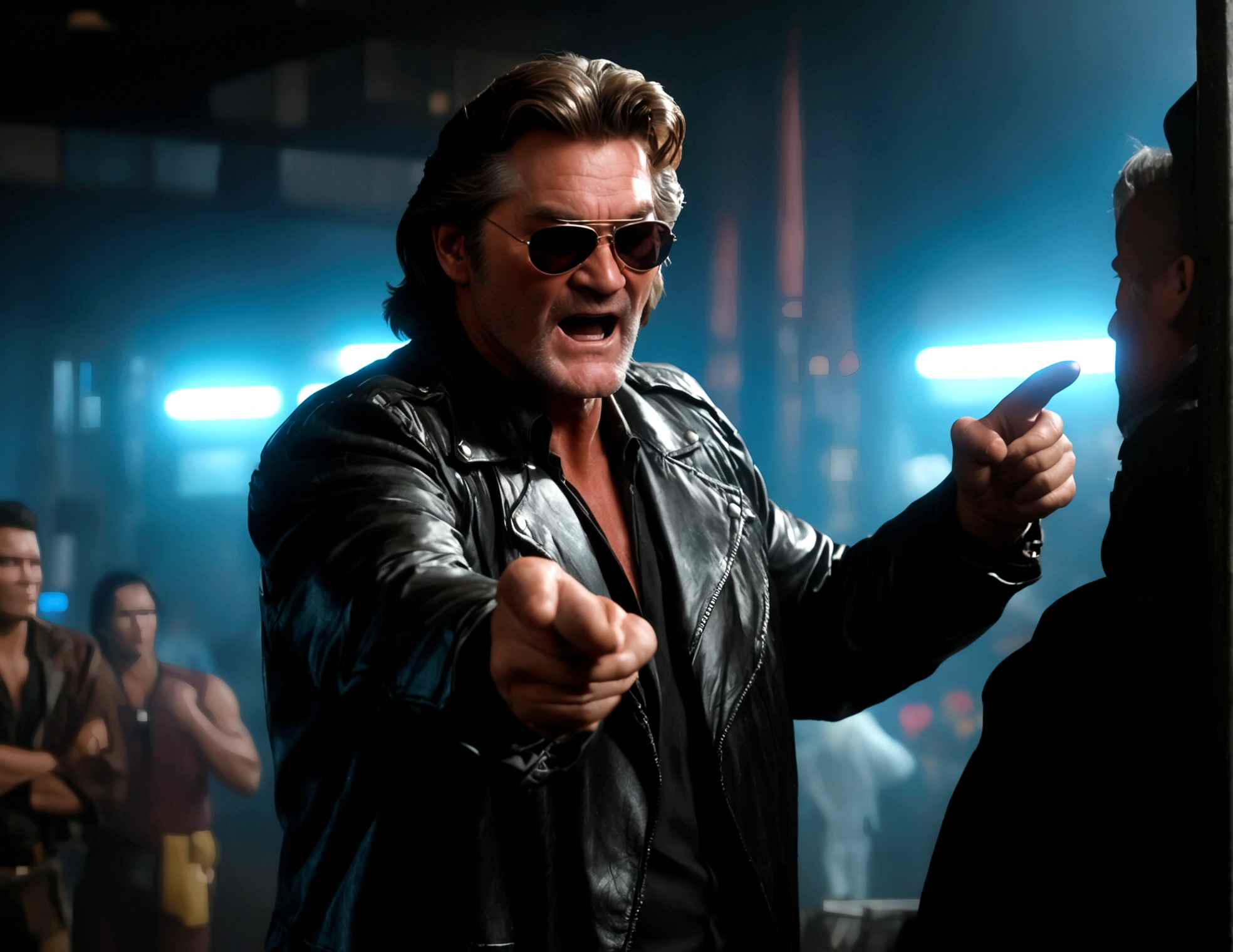 (a man (Kurt Russell 1986) in a leather jacket with sunglasses, angry facial expression (Big Trouble in Little China movies Jack Burton)), gesturing angrily arguing with (Steven Seagal as DC comics Batman), underground lair with high-tech equipment, dark moody lighting, dramatic composition, cinematic, (best quality,8k,highres,masterpiece:1.2),ultra-detailed,(realistic,photorealistic,photo-realistic:1.37),cinematic lighting,dramatic lighting,moody lighting,dark atmosphere,gritty,industrial,cyberpunk