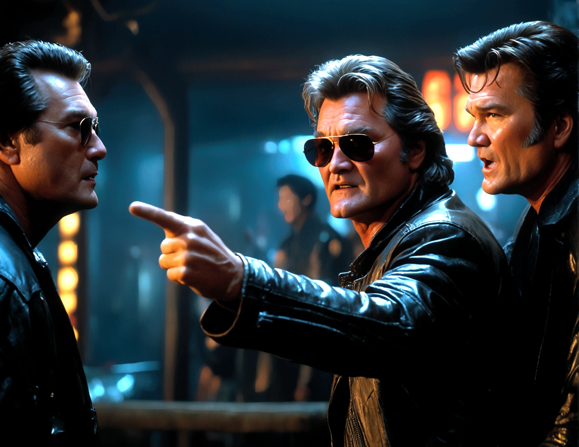 (a man (Kurt Russell 1986) in a leather jacket with sunglasses, angry facial expression (Big Trouble in Little China movies Jack Burton)), gesturing angrily arguing with (Steven Seagal as DC comics Batman), underground lair with high-tech equipment, dark moody lighting, dramatic composition, cinematic, (best quality,8k,highres,masterpiece:1.2),ultra-detailed,(realistic,photorealistic,photo-realistic:1.37),cinematic lighting,dramatic lighting,moody lighting,dark atmosphere,gritty,industrial,cyberpunk