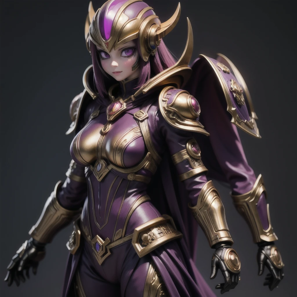 Close up of purple and gold toys, Super detailed fantasy characters, Science Fiction Characters render, detailed humanoid, Star Pathfinder Characters, Science Fiction Characters, Science Fiction Characters, humanoid character, very detailed character, Color Rendering, 3D Rendering Character Art 8K, Alien Armor, safi'jiiva armor, Marmoset Rendering