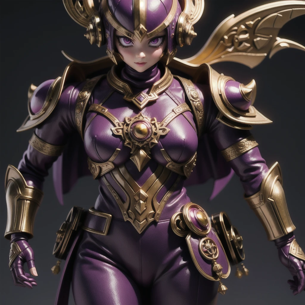 Close up of purple and gold toys, Super detailed fantasy characters, Science Fiction Characters render, detailed humanoid, Star Pathfinder Characters, Science Fiction Characters, Science Fiction Characters, humanoid character, very detailed character, Color Rendering, 3D Rendering Character Art 8K, Alien Armor, safi'jiiva armor, Marmoset Rendering