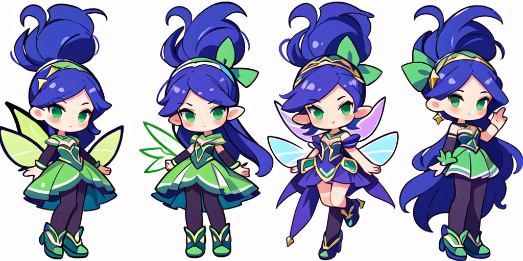 a close up of a cartoon character with different poses, spritesheet, sprite sheet, with familiar sprites, sprites, fairy girl, morgana, default pose neutral expression, twirling, sprite 2 d, shady, green fairy, smol,  multiple poses, cute chibi, kawaii