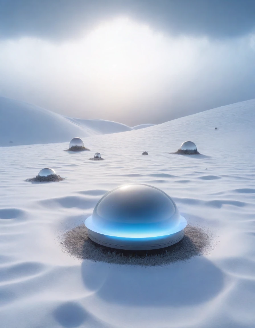 Alien landscape and huge mysterious power in cold atmosphere, soul out of body, Predicting paranormal weather. The scene is filled with amazing tiny floating objects, Showcasing ultra-realistic textures and stunning lighting. Award-winning photos, Shot in 8k with Canon EOS R5, Very popular on artstation. Peaceful environment,unmanned, Raising dazzling glittering dust, The misty sky adds to the otherworldly beauty, Show its magnificence.
