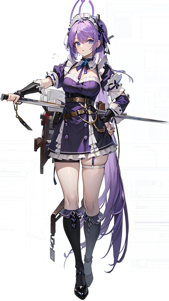 A purple-haired, blue-eyed girl in a maid outfit is serving coffee
