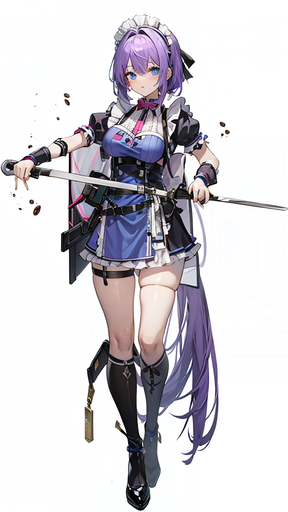 A purple-haired, blue-eyed girl in a maid outfit is serving coffee