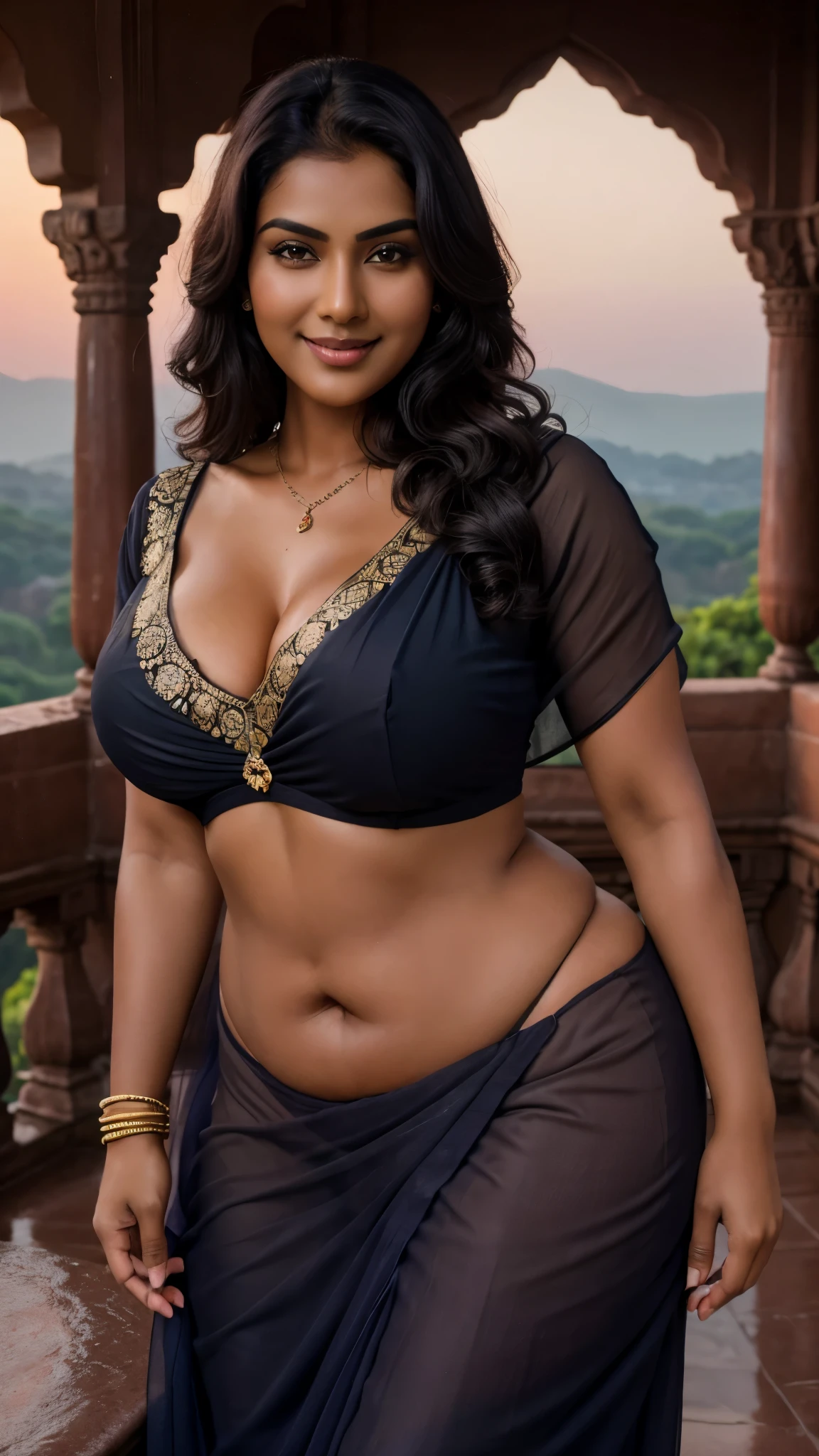 30 years old very dark skin color complexioned busty and very curvy and plump fat Indian aunty woman in a very wet chiffon sexy saree, in a old Indian castle balcony on a sunset, 4k professional photo with color grading, Sharp image, smiling, close up , really sexy, high detail, 