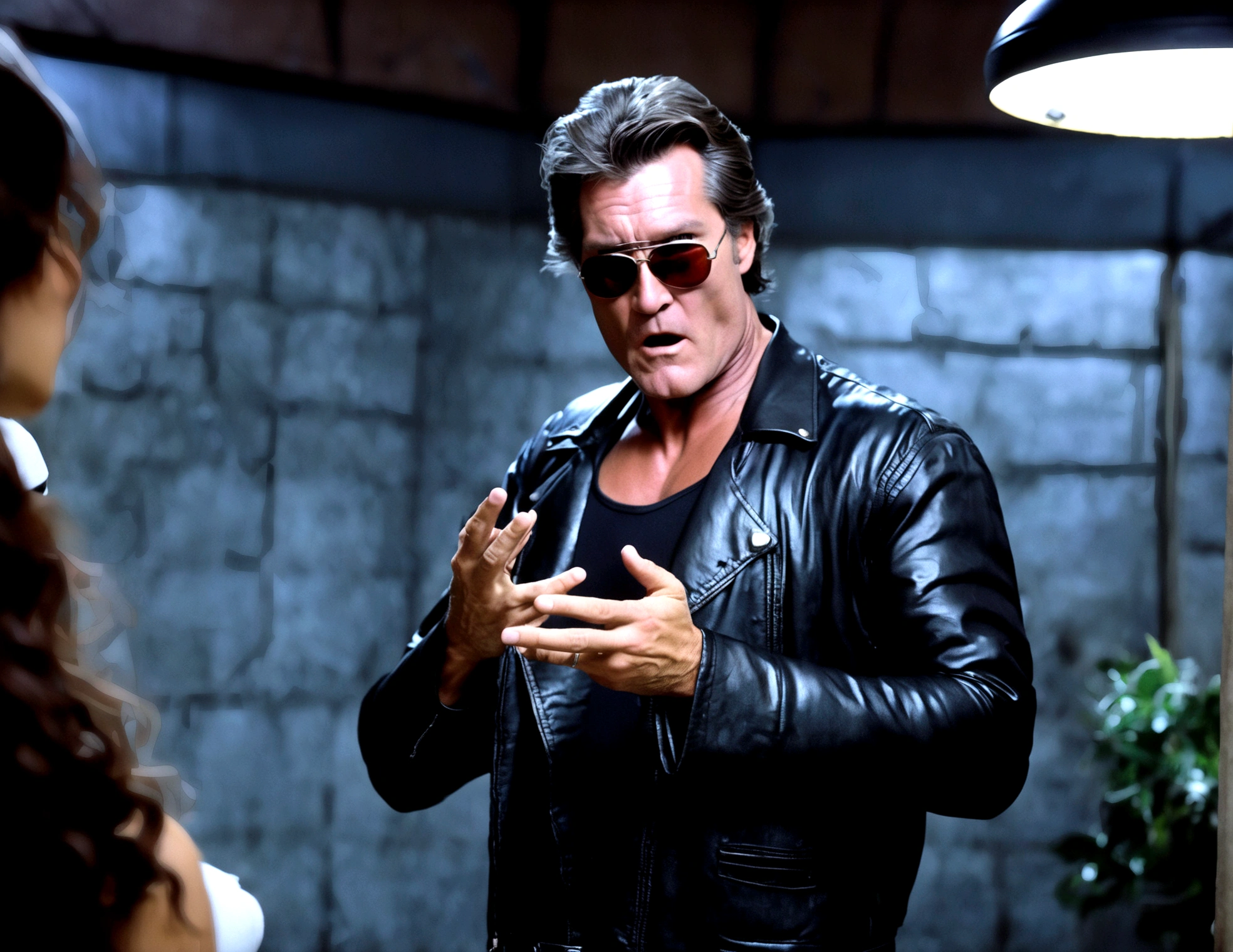 (a man (Kurt Russell 1986) in a leather jacket with sunglasses, angry facial expression (Big Trouble in Little China movies Jack Burton)), gesturing angrily arguing with (Steven Seagal as DC comics Batman), underground lair with high-tech equipment, dark moody lighting, dramatic composition, cinematic, (best quality,8k,highres,masterpiece:1.2),ultra-detailed,(realistic,photorealistic,photo-realistic:1.37),cinematic lighting,dramatic lighting,moody lighting,dark atmosphere,gritty,industrial,cyberpunk