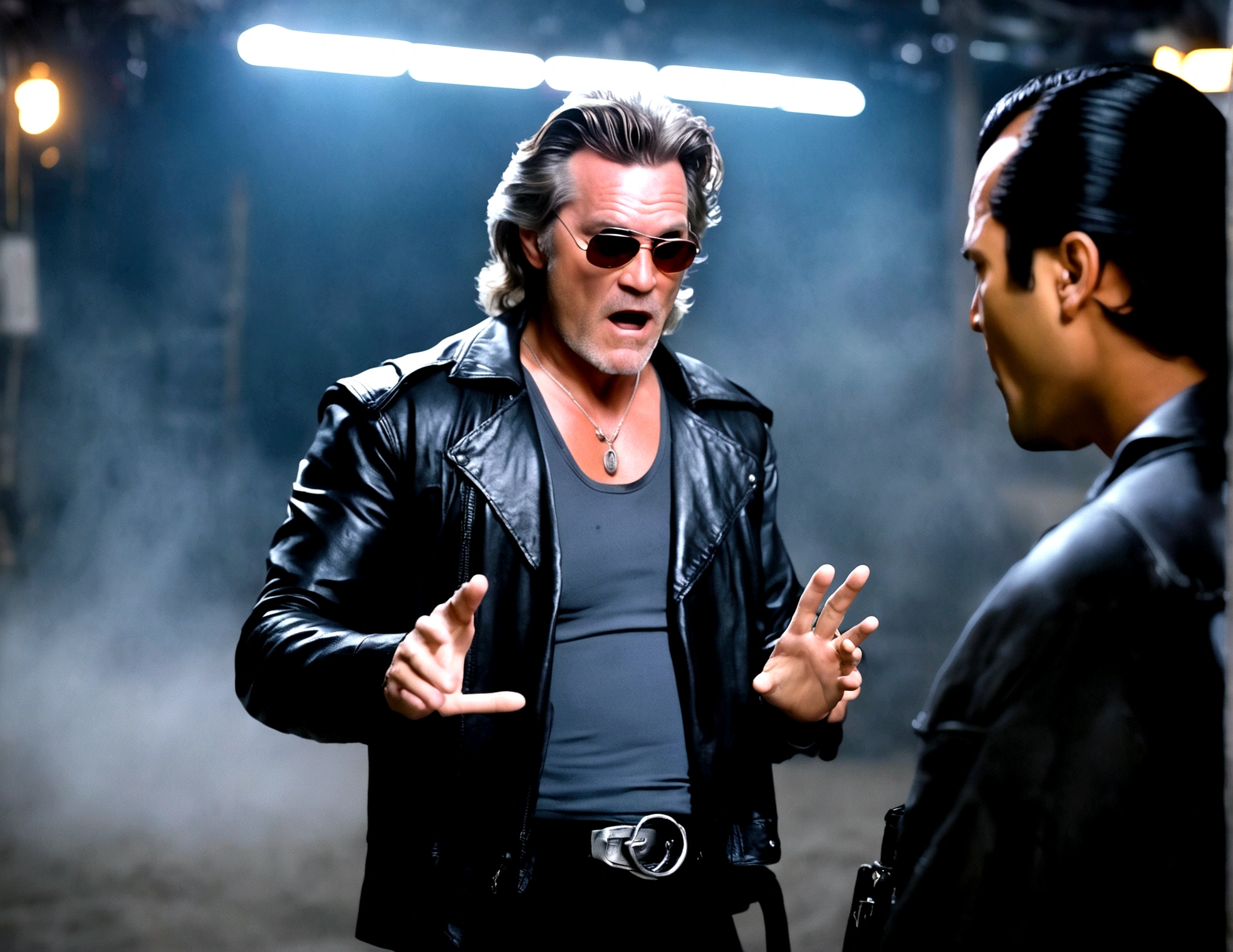 (a man (Kurt Russell 1986) in a leather jacket with sunglasses, angry facial expression (Big Trouble in Little China movies Jack Burton)), gesturing angrily arguing with (Steven Seagal as DC comics Batman), underground lair with high-tech equipment, dark moody lighting, dramatic composition, cinematic, (best quality,8k,highres,masterpiece:1.2),ultra-detailed,(realistic,photorealistic,photo-realistic:1.37),cinematic lighting,dramatic lighting,moody lighting,dark atmosphere,gritty,industrial,cyberpunk
