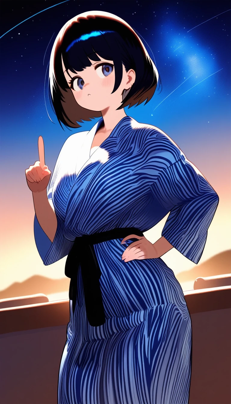 A black-haired girl pointing at the starry sky of Tanabata。She is wearing a light blue yukata with a summery blue and white pattern.、Distant starry sky。A girl in the distance。