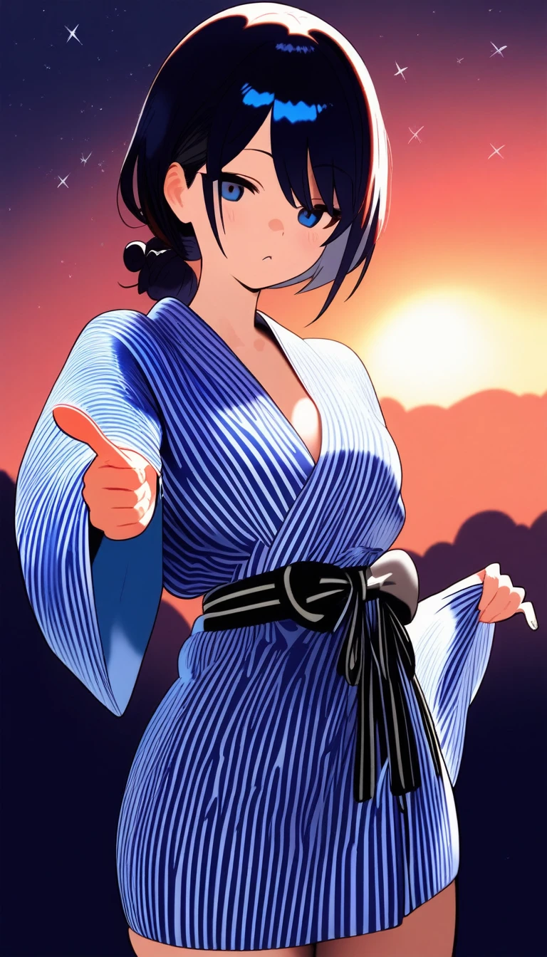 masterpiece, best quality, (dark skin), short hair, yellow eyes, black hair, beautiful girl, thin, full body, tall girl, ((white male long kimono with blue belt)), ((kawaii)), ((cute)), plan boobs, short boobs, small boobs, ((short chest)), ((big butt)), ((wide thigh)), fight pose, brazilian jiu jitsu, dojo background
