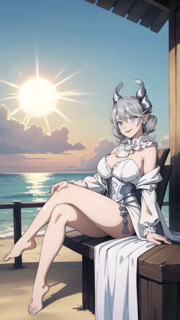 Beautiful arts wallpaper Sunset Outside castle top  High level image quality　best image quality　8K　 adult woman   silver castle outside  more colors   whole body view　portrait　 wearing pure white pirate dress  　horn    ears  　short hair（（shortcut）（gray hair）（perm）（fluffy））　eye color is blue ,  , 　attractive evil face , smile   ,  beach   ,  labrynth       , barefoot , teasing with her breast,   , sitting with crossed legs  , waves