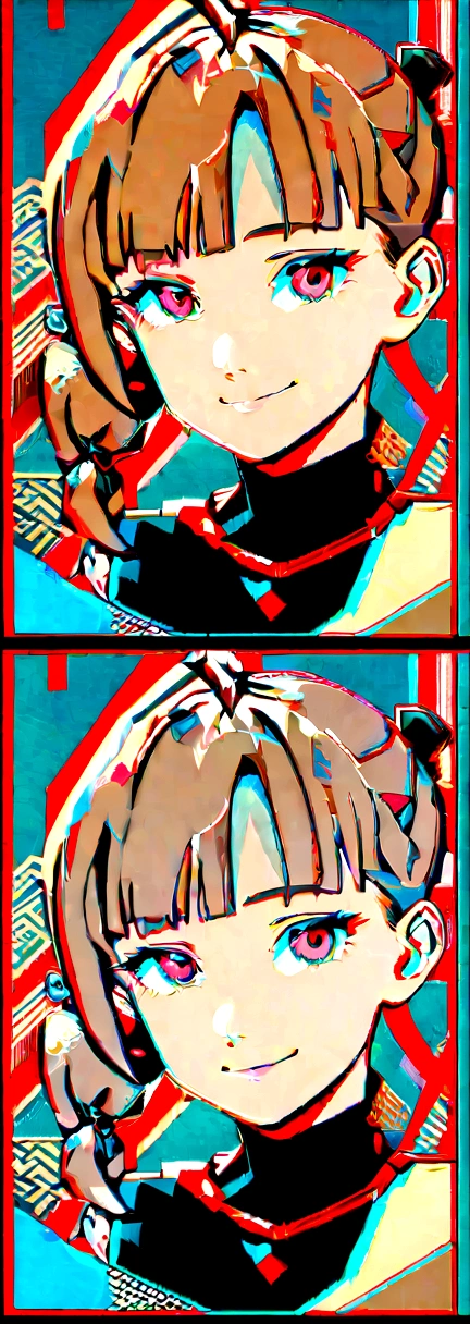 Light brown hair color, Ahoge, Twin tails, Hair ties, light smile, smile, Anaglyph, ukiyo-e, Anime Style, 8K, Super detailed, Accurate, Highest quality, Ultra-high resolution, 4K -- Auto,(head shot:1.5)、Tight knit dress