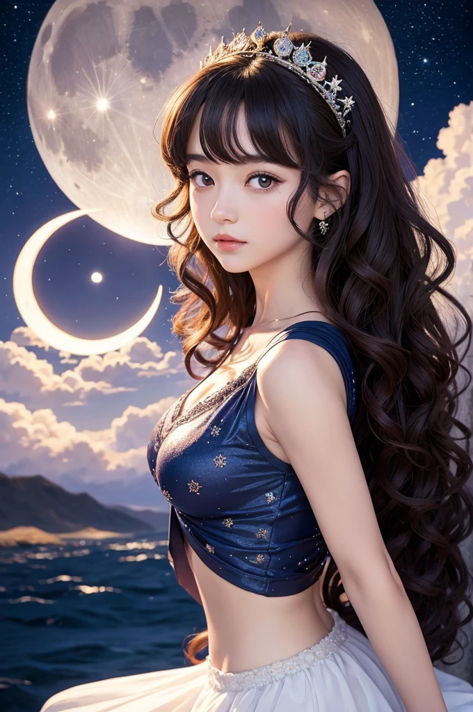 A queen of the moon she with curly hair brunette teaching about the moon with a moon crown he teenager anime style